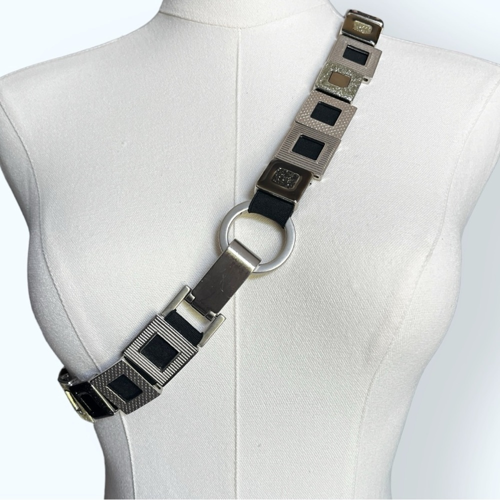 Y2K Metal Geometric Links Belt Carabiner O ring Buckle Stretchy Glitter Silver M